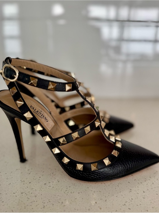 Valentino Shoes - Valentino Black Leather T-Strap Rockstud Heels with Gold Studs